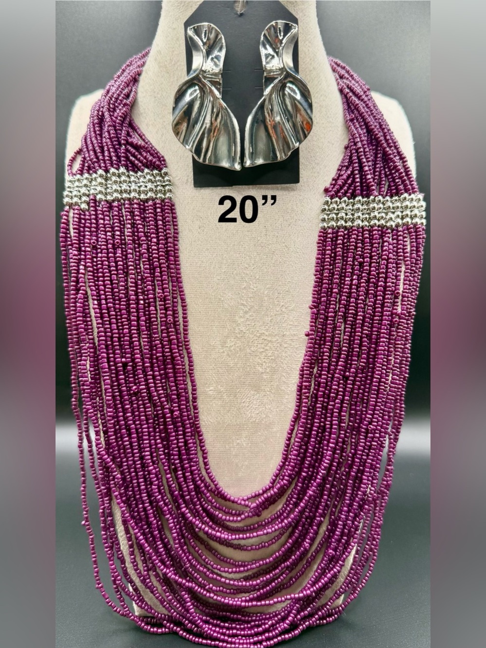 Purple Multi-Strand Beaded Necklace with Silver Accents